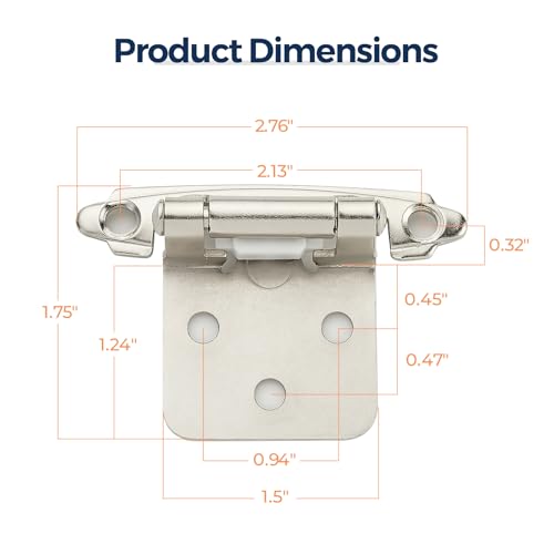 Brushed Nickel Cabinet Hinges, 1/2 Inch Overlay, 4 Pack(2 Pairs) - color: Brushed Nickel