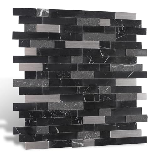 Nicesungdeco Peel and Stick 3D Natural Stone Mosaic Backsplash Tiles, 12" x 12" 5-Sheet Backsplash Self Adhesive Tiles for Kitchen Fireplace Vanity (Black Silver) - color: BLACK SILVER