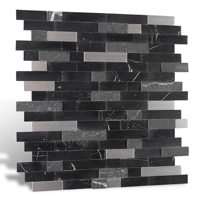 Nicesungdeco Peel and Stick 3D Natural Stone Mosaic Backsplash Tiles, 12" x 12" 5-Sheet Backsplash Self Adhesive Tiles for Kitchen Fireplace Vanity (Black Silver) - color: BLACK SILVER