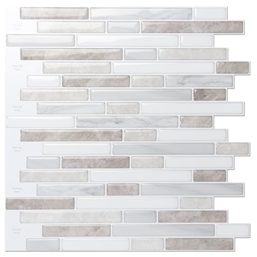 LONGKING 10 Sheet Marble Peel and Stick Backsplash for Kitchen,Self-Adhesive Tile Backsplash for Kitchen, Bathroom, 12in x 12in, (Beige & White) - color: Beige & White