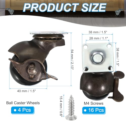 PATIKIL 1.5 Inch Ball Caster Wheels with Brake, 4 Pack 360° Rotating Swivel Top Plate Wheels 298 lbs Total Capacity Locking Caster with M4 Screws for Furniture Table Cabinet Bronze - color: Bronze, size: 1.5 Inch