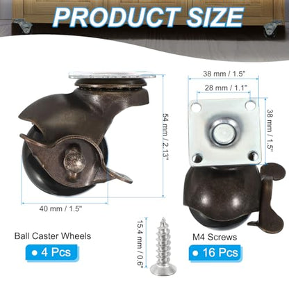 PATIKIL 1.5 Inch Ball Caster Wheels with Brake, 4 Pack 360° Rotating Swivel Top Plate Wheels 298 lbs Total Capacity Locking Caster with M4 Screws for Furniture Table Cabinet Bronze - color: Bronze, size: 1.5 Inch