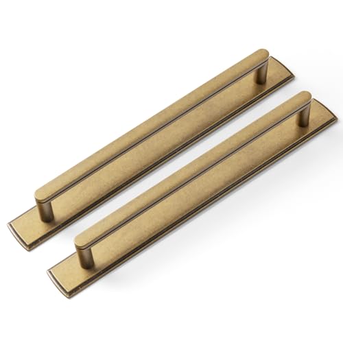 Goo-Ki 2 Pack 7 9/16'' Center to Center Antique Brass Cabinet Handles with Backplate Vintage Kitchen Drawer Pulls with Subtle Curves - color: Antique Brass, size: 7 9/16" Center to Center