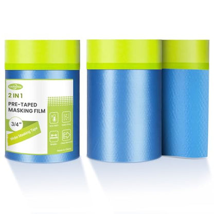 2 Rolls Pre-Taped Masking Film for Painting, Plastic Sheeting with Tape - size: 2 Rolls