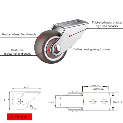 2" Rigid Caster Wheels, Small Door/Gate Support Wheel, Anti-Sag, 4‑Pack - size: 2.0inch