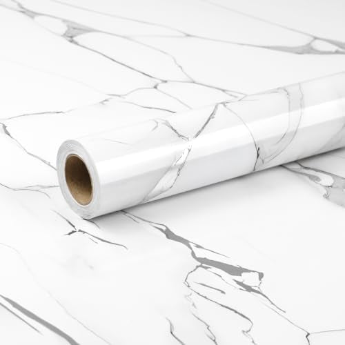 Glossy White Silver Marble Contact Paper 15.7" x 196" Peel and Stick Wallpaper - color: White/Silver, size: 15.7" x 196"
