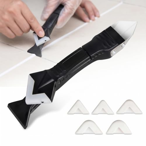 3-in-1 Caulk Smoothing Tool with 5 Silicone Heads Metal Scraper & Spatula for Grout Finishing - size: 1pack