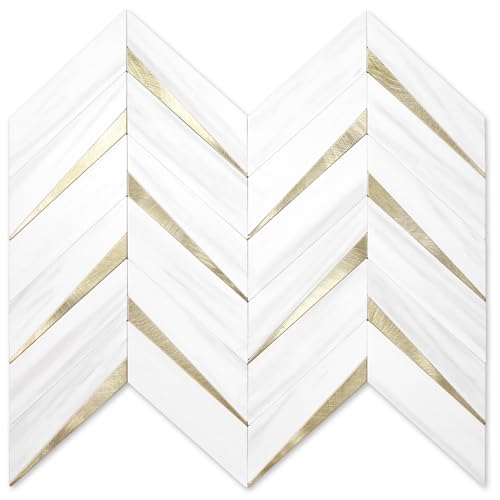 STICKGOO Herringbone Tile Peel and Stick Backsplash for Kitchen&Bathroom - color: Dolomite White Mixed Light Gold