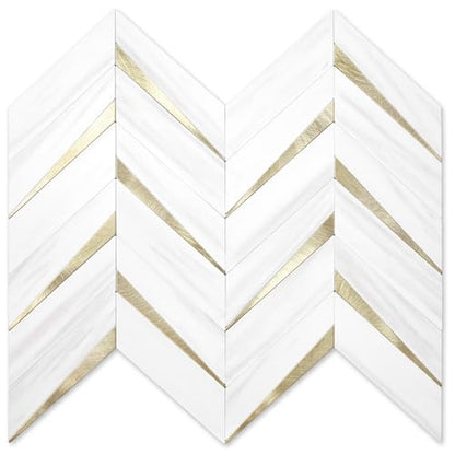 STICKGOO Herringbone Tile Peel and Stick Backsplash for Kitchen&Bathroom - color: Dolomite White Mixed Light Gold