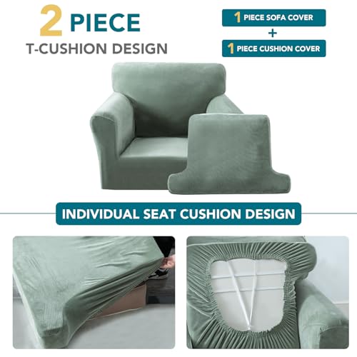 2 Pieces T Cushion Chair Covers with Arms Thick Velvet Couch Cover Stretch T Cushion Sofa Covers for Living Room Chair Cover with Individual T Cushion Covers , Washable (1 Cushion Chair, Sea Grass) - color: Sea Grass, size: Armchair (1 Cushion)