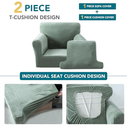2 Pieces T Cushion Chair Covers with Arms Thick Velvet Couch Cover Stretch T Cushion Sofa Covers for Living Room Chair Cover with Individual T Cushion Covers , Washable (1 Cushion Chair, Sea Grass) - color: Sea Grass, size: Armchair (1 Cushion)