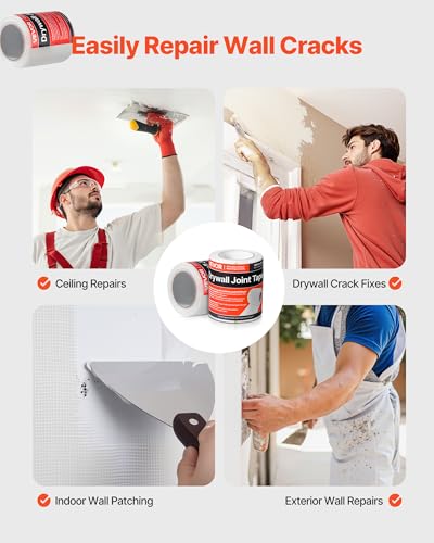 VEVOR Drywall Mesh Tape, 5.91 inch W x 98.43 ft L Self-Adhesive Fiberglass Drywall Joint Tape, 12 Rolls Dry Wall Patch for Easy Sheetrock Ceiling Crack Repair, to Achieve Smooth Even Wall Surface - color: White - 12-pack