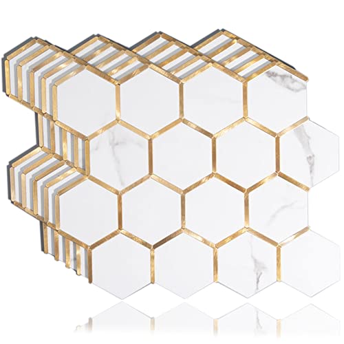 Diflart 10-Pack Peel and Stick White Gold Marble Hexagon Backsplash Tile - color: White Marble + Gold Metal Hexagon, size: 10 Sheets