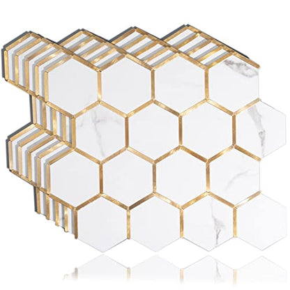 Diflart 10-Pack Peel and Stick White Gold Marble Hexagon Backsplash Tile - color: White Marble + Gold Metal Hexagon, size: 10 Sheets