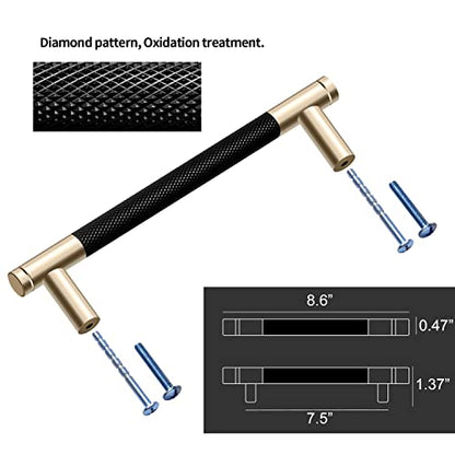 12 Pack 7 1/2 Inch 192 mm Gold and Black Cabinet Handles Cabinet Pulls Aluminum Handles Knurled Drawer Pulls Oxidation Finish with Diamond Pattern 8.6" Length (7.5" Hole Center) - color: Gold Black, size: 7 1/2 Inch