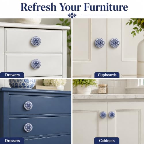 Ajuny 12 Blue Ceramic Cabinet Knobs, Printed Drawer Pull Handles Set