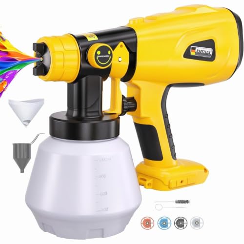 DTEZTECH Paint Sprayer for Dewalt 20V Battery(Battery Not Included), 200W HVLP Cordless Handheld Spray Gun Brushless Motor, with Copper Nozzle, Adjustable Flow for Walls, Fences, Furniture, Cabinets - color: Yellow