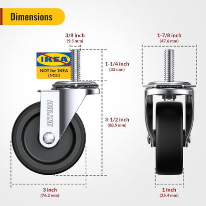 HOLKIE Caster Wheels 3 inch with No Brake Stem Casters, 3/8" -16 x 1-1/4" (Stem Diameter 3/8", Stem Length 1-1/4") Threaded Swivel Casters Set of 4 Heavy Duty Castors Black - color: Black-4Pack, size: 3/8" -16 x 1-1/4"