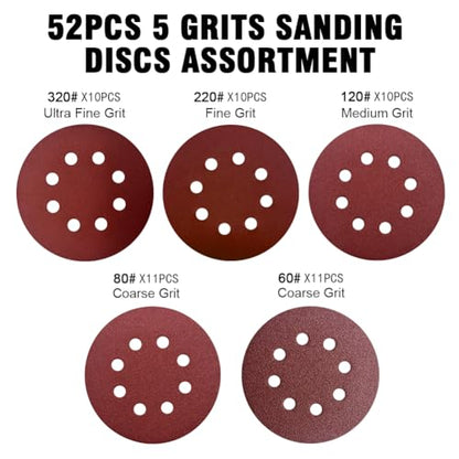 52 Pack 5 Inch 8-Hole Hook and Loop Sanding Discs Sandpaper Red Round 60 80 120 220 320 Mixed Grits Sandpaper for Random Orbital Sander - style: Mixed Grits 52-Pack