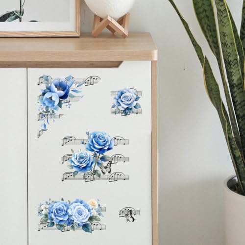 Peacoblue Flowers Music Notes Rub On Transfers for Furniture 6"x12" - style: Blue Flowers and Music Notation