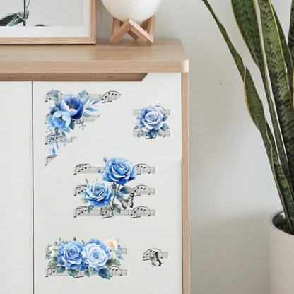 Peacoblue Flowers Music Notes Rub On Transfers for Furniture 6"x12" - style: Blue Flowers and Music Notation
