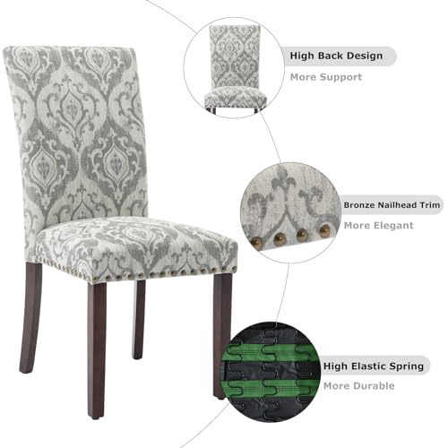 COLAMY Upholstered Parsons Dining Chairs Set of 6, Fabric Dining Room Kitchen Side Chair with Nailhead Trim and Wood Legs - Grey/White Flower - color: Grey/White Flower, size: Set of 6