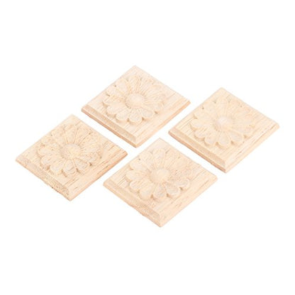 4Pcs Wood Carved Appliques Onlays, Square Carving Decals for Furniture - size: 3.15 x 3.15 inches