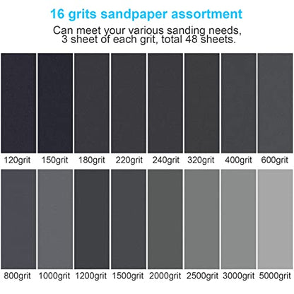 48 PCS Sandpaper 120-5000 Grit Wet Dry Sand Paper 9x3.6 for Wood Metal Car