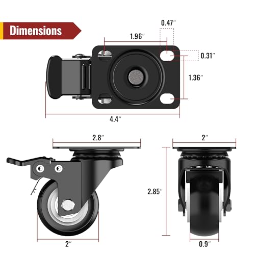 2 inch Caster Wheels Heavy Duty Swivel Casters with Safety Brake Total Capacity 600lbs (Set of 4) Good for Industrial or Furniture - style: 2″ with brakes 4pcs