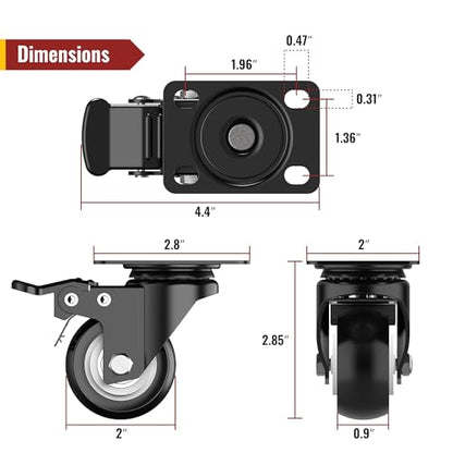 2 inch Caster Wheels Heavy Duty Swivel Casters with Safety Brake Total Capacity 600lbs (Set of 4) Good for Industrial or Furniture - style: 2″ with brakes 4pcs