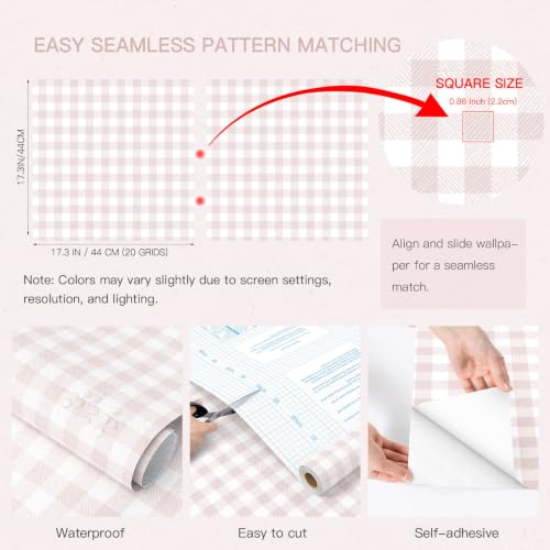 Peel and Stick Wallpaper for Bedroom Pink and White Plaid 78.7"×17.3" - color: Pink and White, size: 17.3" x 78.7"