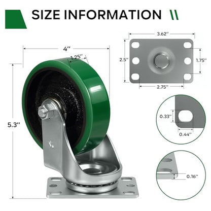 4'' Caster Wheels Heavy Duty Casters, Polyurethane on Cast Iron, Swivel Casters Set of 4 Wheesl for Cart Toolbox, 1800lbs Capacity (2 Swivel & 2 Rigid) - style: 2 Swivel & 2 Rigid