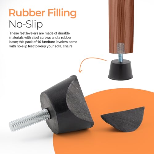 NEWBYTEK M6 Thread Rubber Furniture Leveling Feet Screw in Threaded Furniture Levelers Adjustable Table Chair Levelers Feet Glides for Chairs Tables Cabinet Patio - 16 Pack - size: M6 Thread, 16 Pack