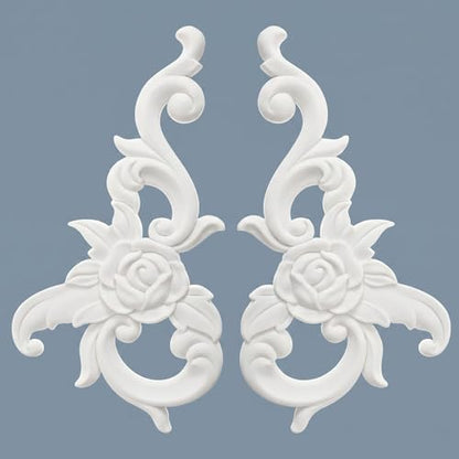 2 PCS Baroque Style Flower Carved Onlay Applique White PVC Appliques for Furniture Decorative 3D Symmetrical Furniture Decorative for Cabinets Dressers Mirrors DIY Home(Modern) - style: Modern