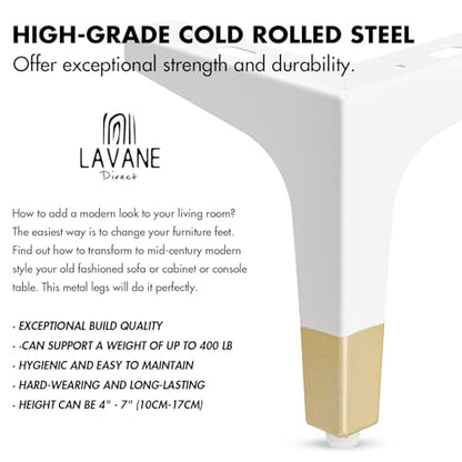 La Vane 4 Inch Diamond Triangle Metal Furniture Legs 4PCS- Heavy Duty Iron - color: White/Gold, size: 4" / 10cm
