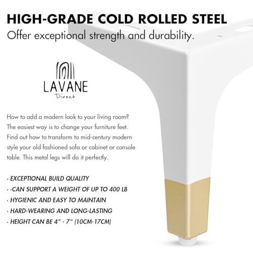 La Vane 5 Inch Diamond Triangle Metal Furniture Legs 4PCS- Heavy Duty Iron - color: White/Gold, size: 5" / 13cm