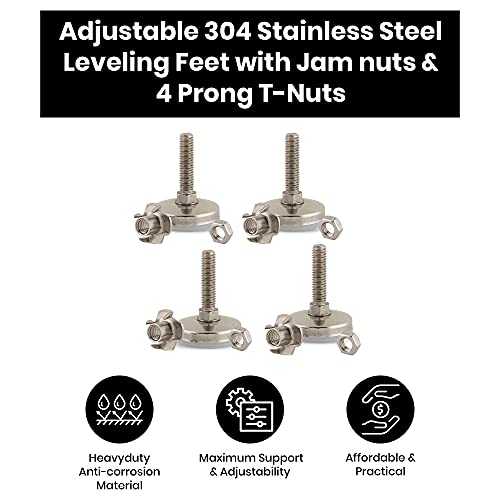 Stainless Steel Outdoor Leveler Kit- (4) 3/8-16 Leg Levelers for Cabinets, Patio Furniture, and Table Legs - Adjustable Height Leveling Feet with Jam Nuts to Stabilize Feet (Kit with 4 Prong T-Nuts)