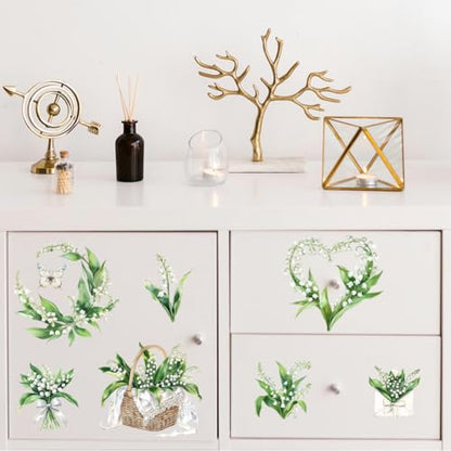 Peacoblue Rub on Transfer Decal Sticker for Furniture Craft Decor 6"x12" Lily of The Valley, 3Pcs Waterproof UV DTF Transfer for Drawer Dresser Glass Porcelain Wood Plastic - style: Lily of The Valley
