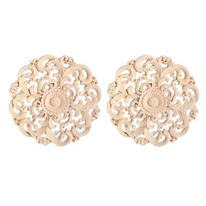 2Pcs Wood Carved Appliques Round Wooden Carving Onlays Decals for Furniture - color: 2-Pack, size: 3.94 inches