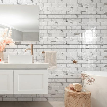 STICKGOO 10-Sheet Backsplash Peel and Stick Subway Tile(Thicker Design) - color: Glossy Grey Marble
