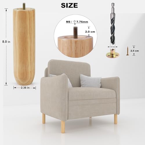 8 Inch Tall Heavy Duty Natural Wooden Furniture Legs Set of 4 - Cylindrical Solid Wood Legs for Sofa, Couch & High Tables - Varnished Replacement Feet - color: Varnished, size: 8 Inch
