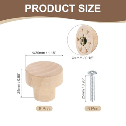 uxcell 6Pcs Round Wood Drawer Knob, 1 1/8" Diameter Flat Round Dresser Knobs Wooden Knobs with Screws for Furniture Drawer Dresser Wardrobe Cupboard - size: 1 1/8"