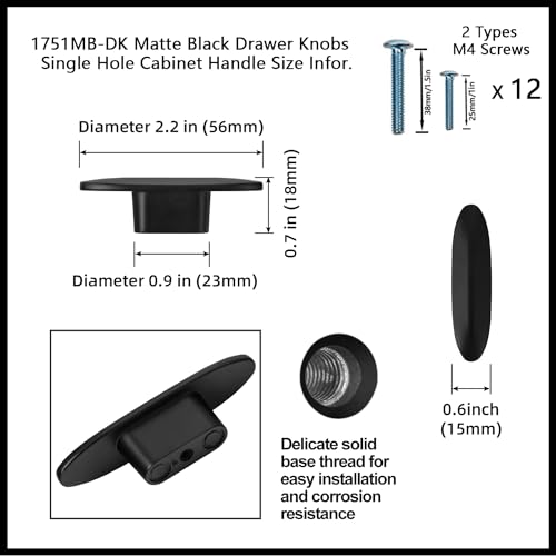 Goo-Ki 6 Pack Cabinet Knobs Matte Black Solid Drawer Knobs Zinc Alloy Kitchen Hardware - 2.2" Full Length Single Screw/Hole Modern Black Cabinet Pulls Dresser Handles - color: Matte Black, size: 2.2" Full Length