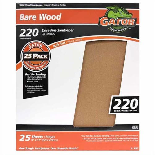 Gator 9" x 11" Bare Wood Sanding Sheets, 220 Grit, 25 Pack - size: 220 Grit