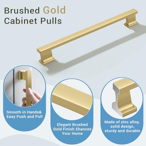 KNOBWELL 6 Pack Brushed Gold Solid Cabinet Pulls 7-9/16 Inch(192mm) Hole Center Kitchen Cabinet Handles,Cabinet Hardware for Cupboard Drawer Pulls - color: Brushed Gold, size: Hole Center：7-9/16 inch（192mm）