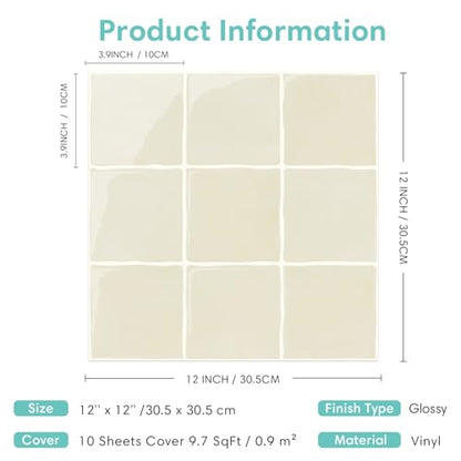 Commomy Thicker Retro Beige Peel and Stick Tiles 10 pcs of 12" x 12" - color: Glossy Zagora Beige & Thicker Design