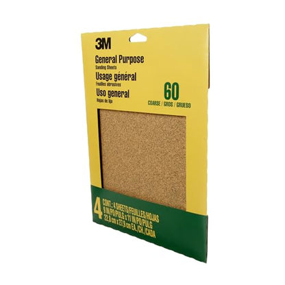 3M Sandpaper, 60 Grit, 4 Sheets, 9 x 11 in, Coarse Aluminum Oxide - size: 9 in x 11 in, style: Coarse