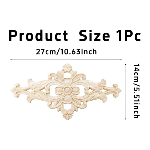 1PC Large Wood Carved Applique Onlay, Unpainted Decorative Wooden Centerpiece Decal for Furniture, Door, Cabinet, Wall, Mirror, Bed, Mantel, DIY Home Decor, 27x14cm/10.63"x5.51"