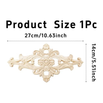 1PC Large Wood Carved Applique Onlay, Unpainted Decorative Wooden Centerpiece Decal for Furniture, Door, Cabinet, Wall, Mirror, Bed, Mantel, DIY Home Decor, 27x14cm/10.63"x5.51"