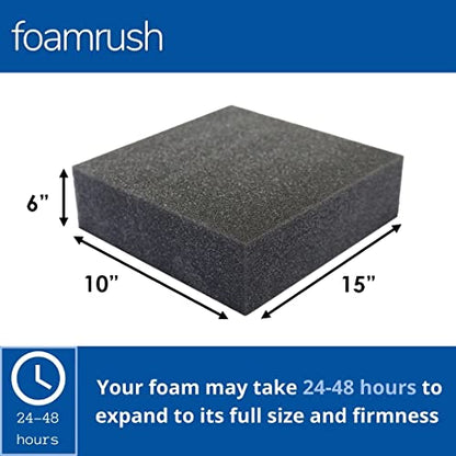 FoamRush 6" x 10" x 15" Charcoal Upholstery Foam Cushion High Density, Dining Chair Cushions, Square Foam, Wheelchair Seat Cushion Replacement, Couch Cushion Replacement - color: Charcoal, size: 6" x 10" x 15"